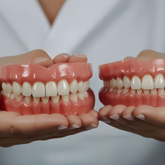 Dental team member holding two denture models